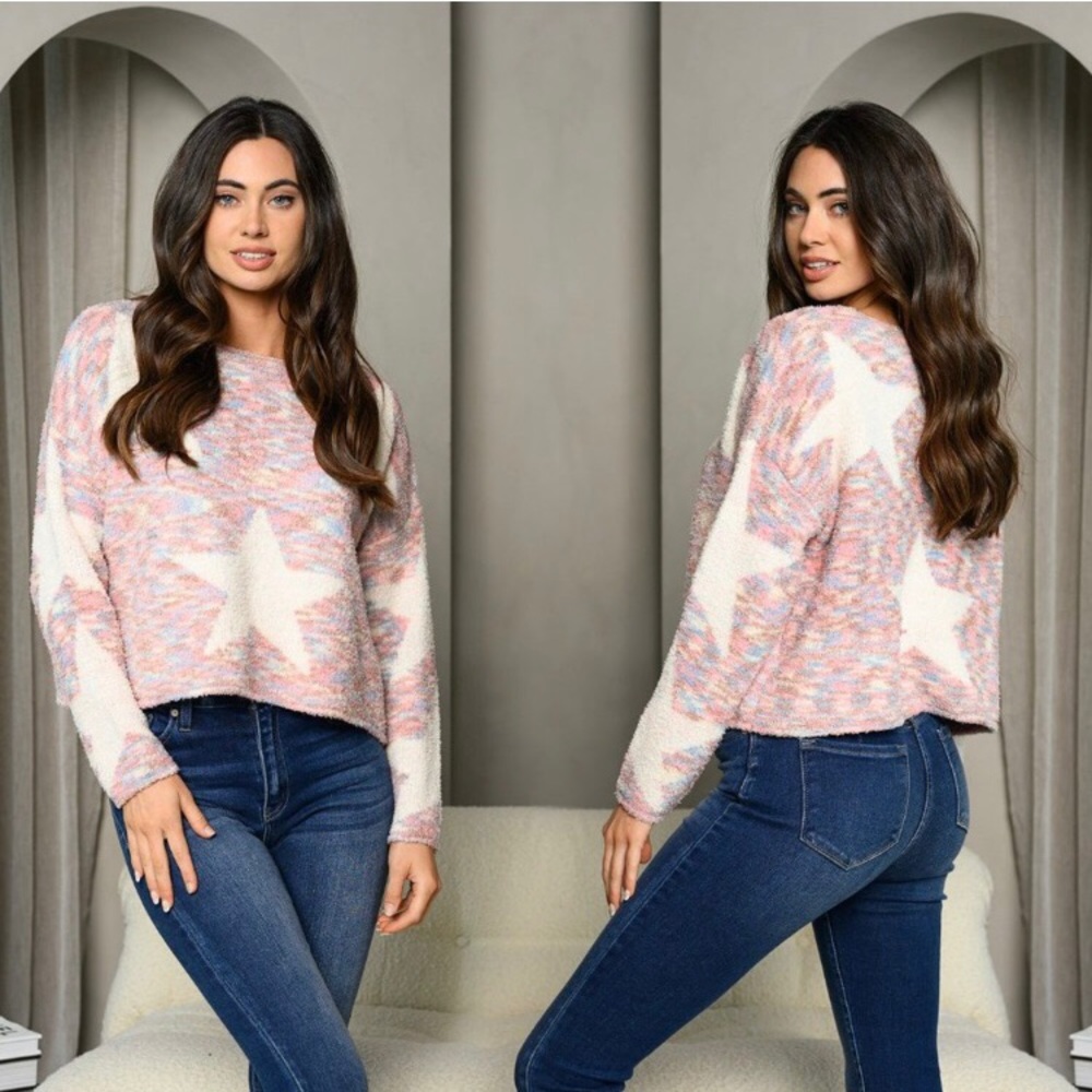 Women’s amazing soft comfy long sleeve multi water color star print sweater